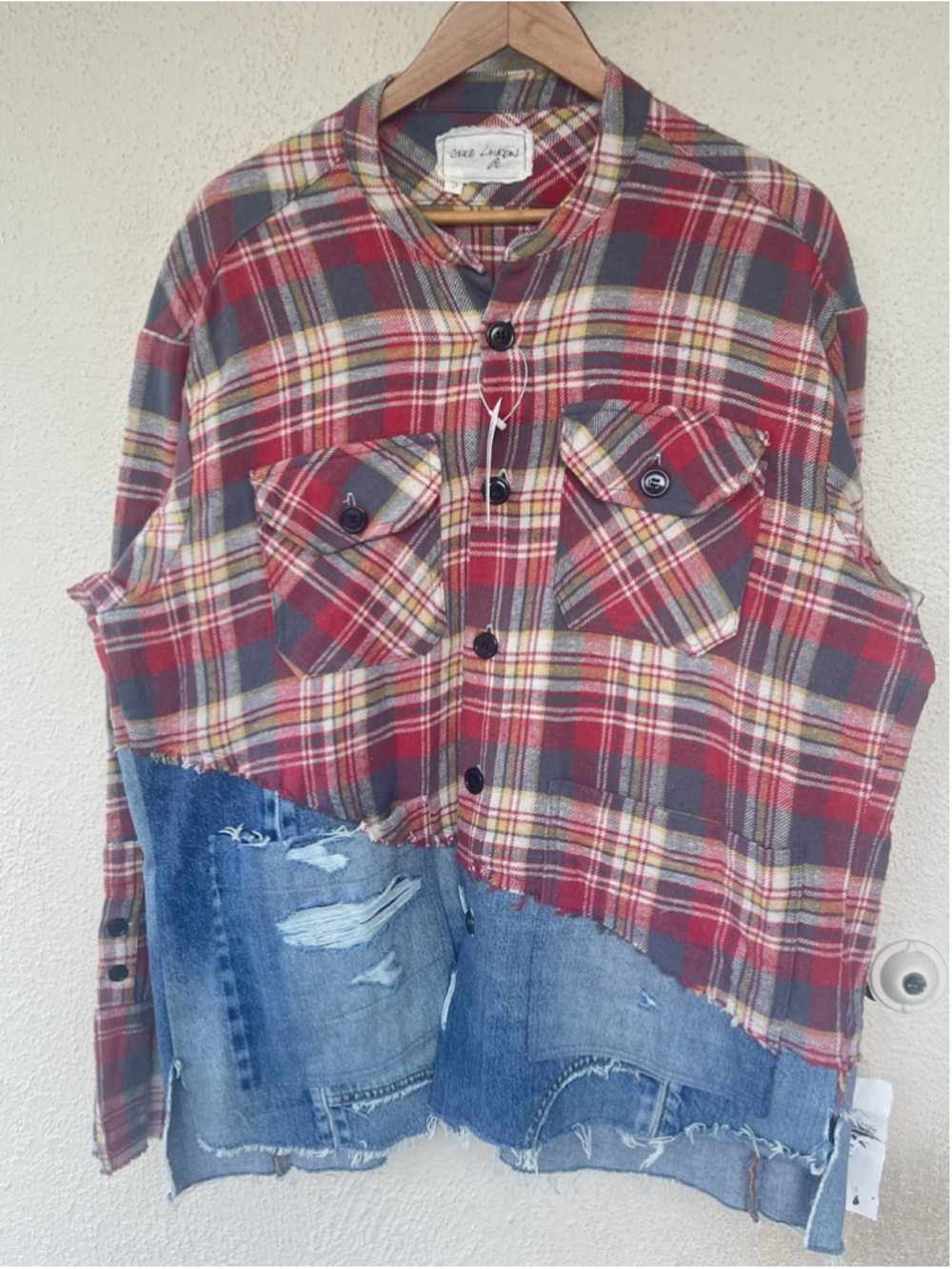 New $975 Greg Lauren 50/50 Plaid Denim Boxy Studio Distressed Shirt Size 3 Large